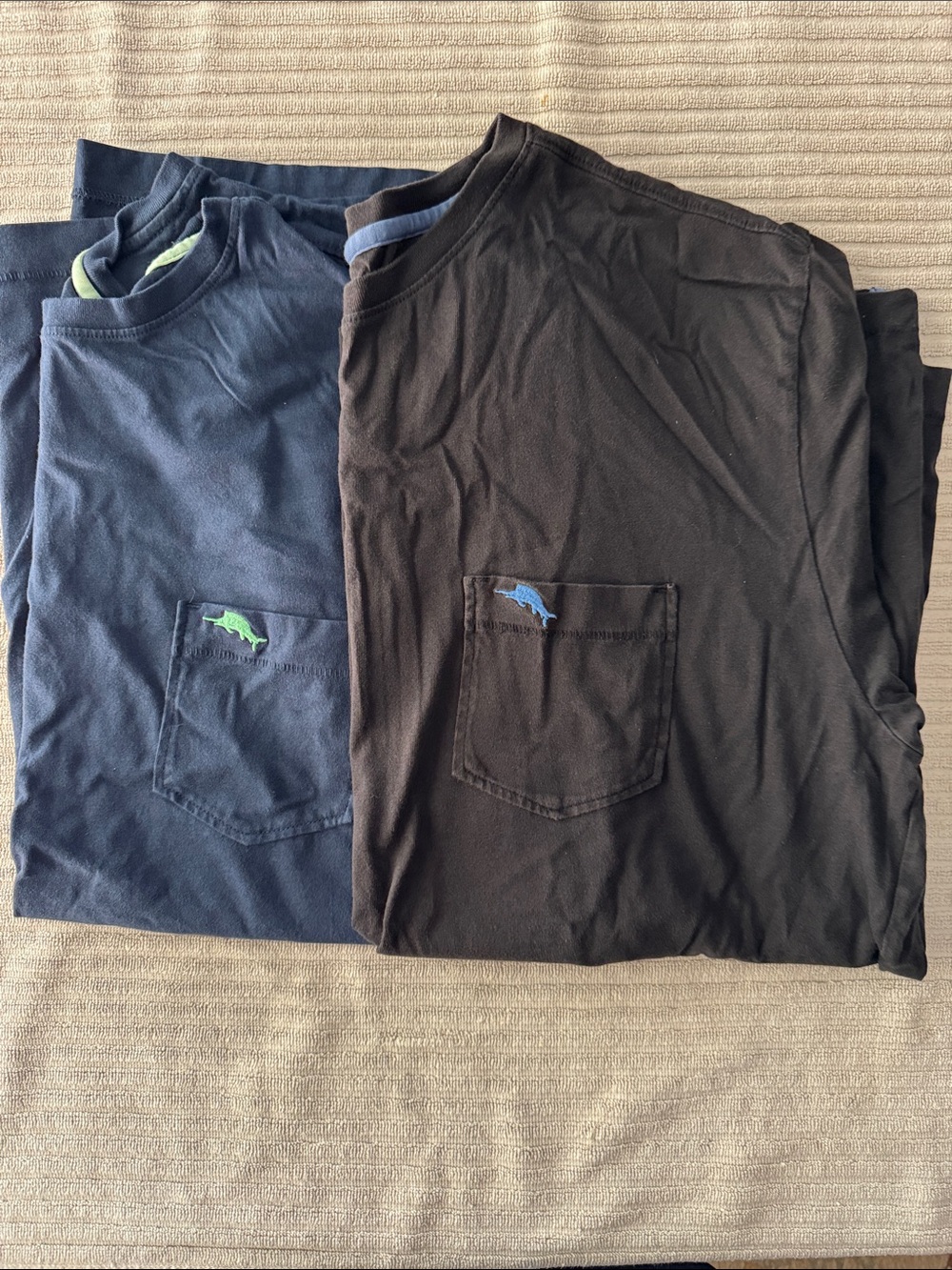 2 Tommy Bahama Black Pocket Tee with Lime Fish Logo size large